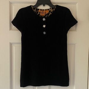 Tory Burch Black Short Sleeve Top with Button Detail